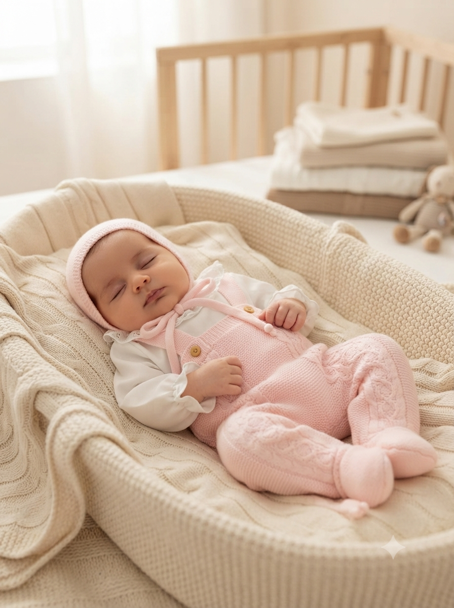 Bebé vestido com roupa de malha cor-de-rosa a dormir numa cama de bebé com têxteis bege, com berço de madeira ao fundo