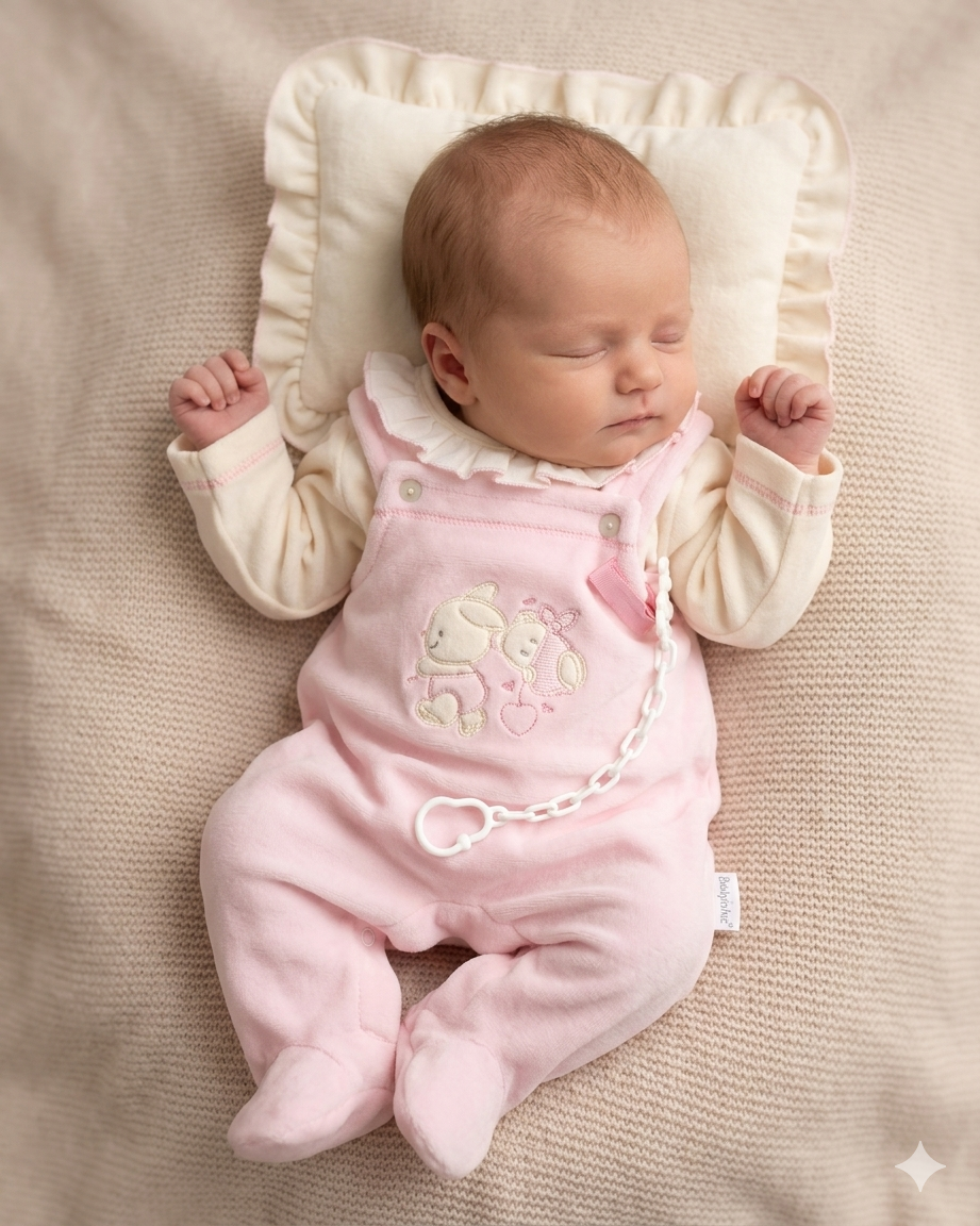 Bebé dormindo com fato cor-de-rosa e bordado de coelhos, deitado sobre almofada e manta bege.