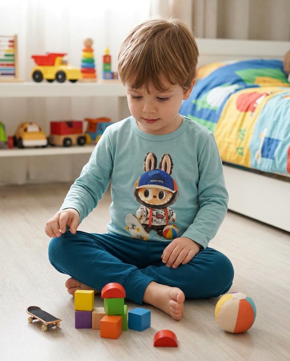 Camisola azul claro com personagem e brinquedos em quarto infantil colorido