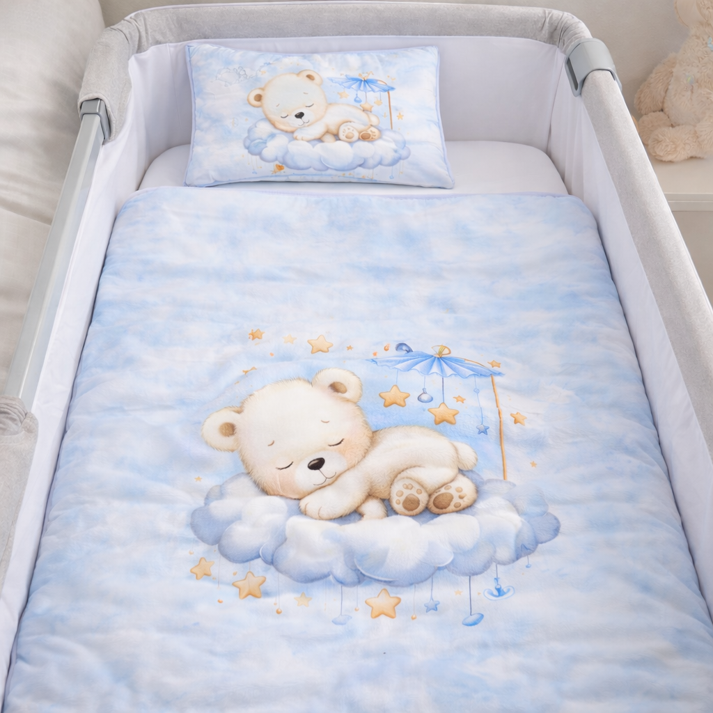 Edredão e almofada azul claro com desenho de ursinho a dormir numa nuvem