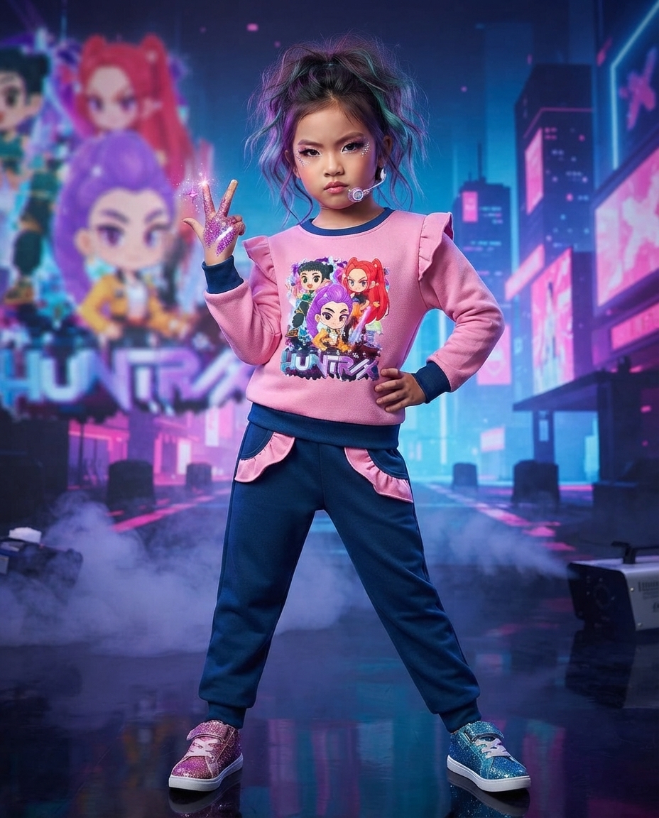 Conjunto de roupa infantil com camisola rosa e calças azul escuro usadas por criança com ténis coloridos.