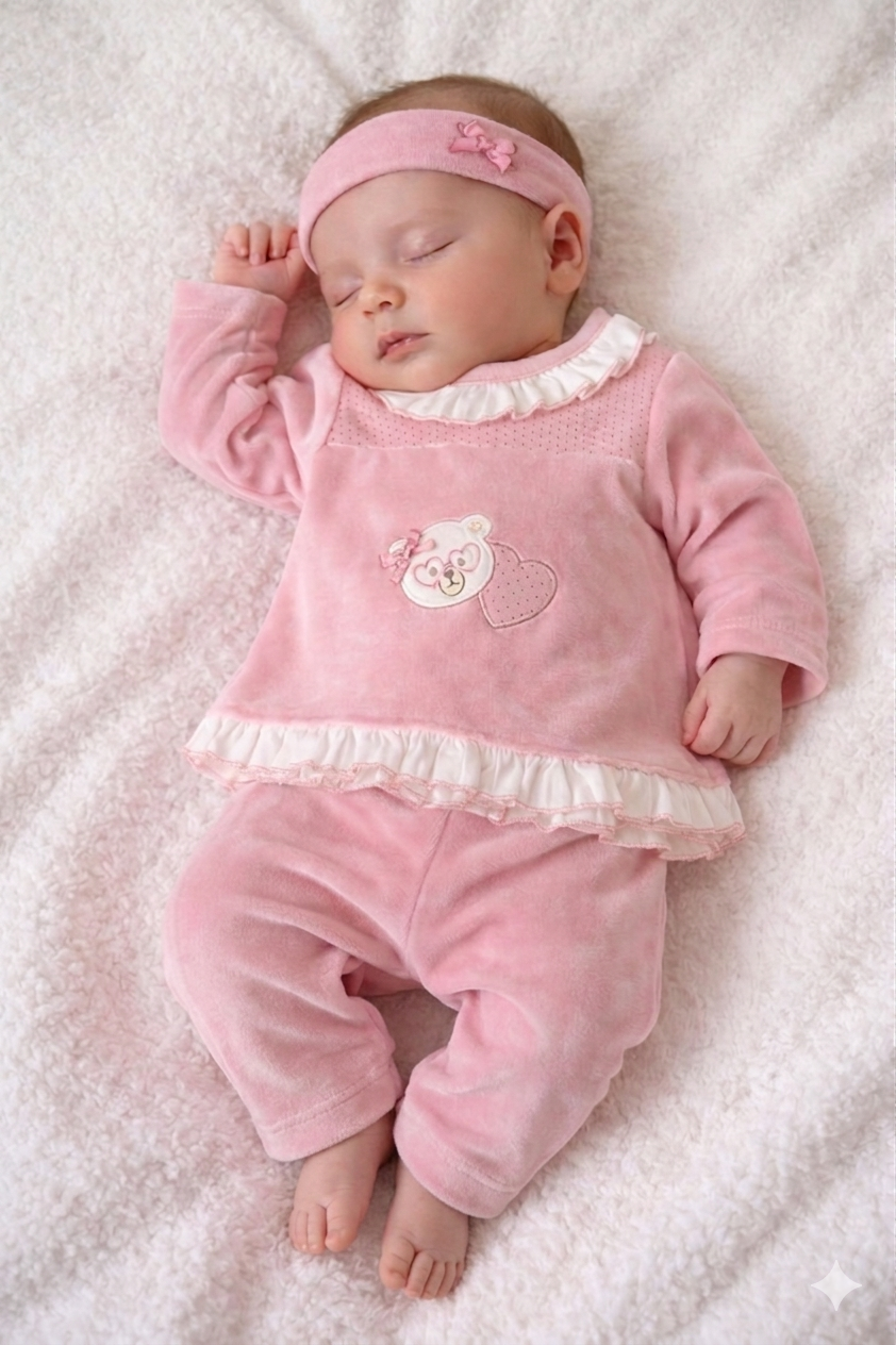 Bebé recém-nascida vestindo roupa rosa felpuda com ursinho e coração, deitada em cobertor branco felpudo