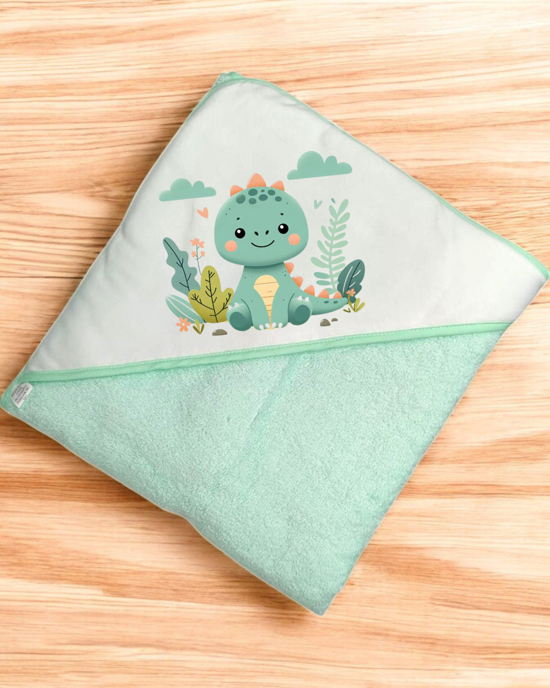 Toalha de banho verde água para bebé com capuz e desenho de dinossauro