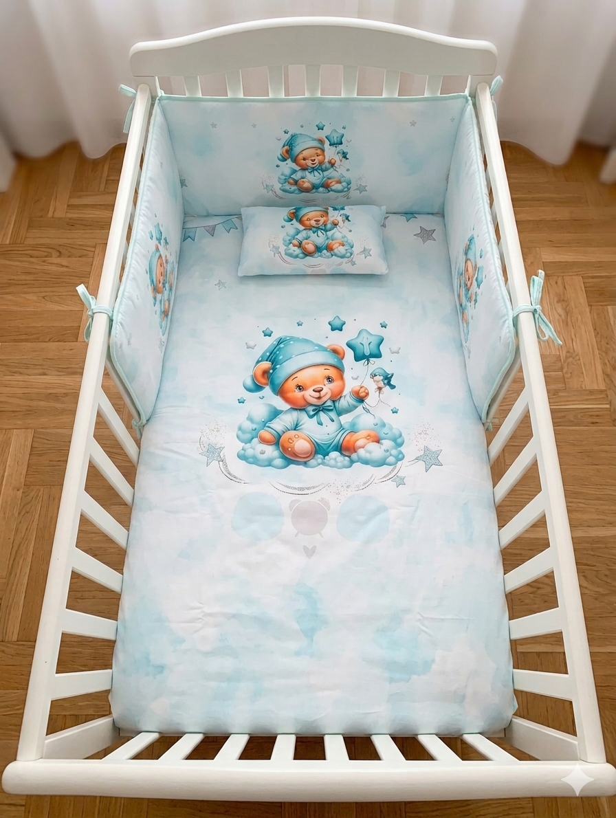 Berço branco com roupa de cama azul claro e padrão de ursinho com balões em estrela