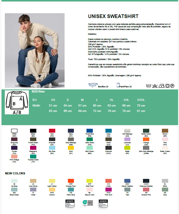 Sweatshirt unissexo em algodão com várias cores e tabela de tamanhos