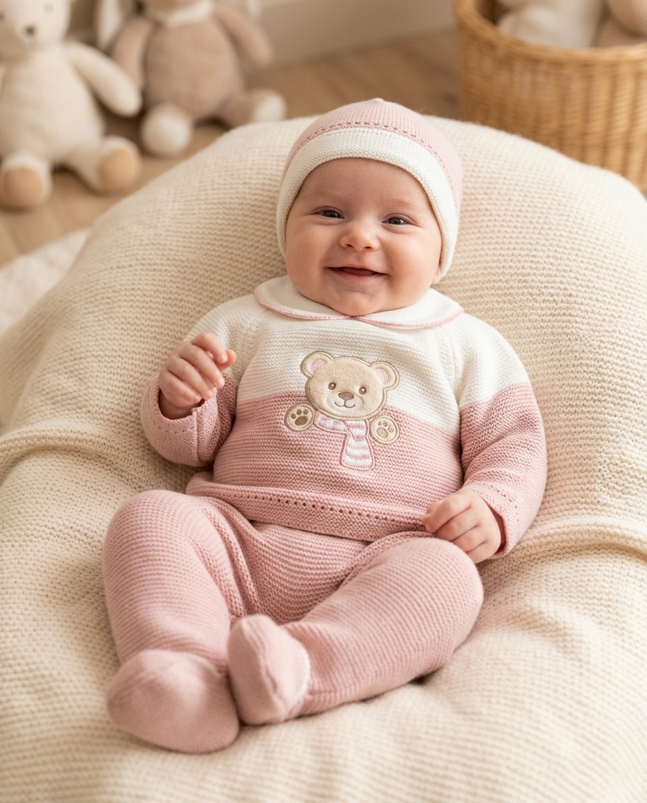 Bebé sorridente com roupa de malha rosa e branca com ursinho bordado sentado numa almofada creme