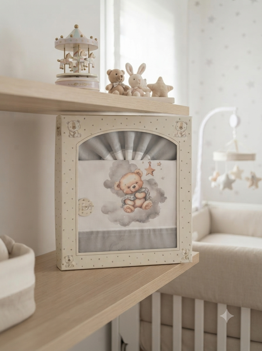 Conjunto de roupa de bebé cinza e bege com ursinho numa caixa decorada