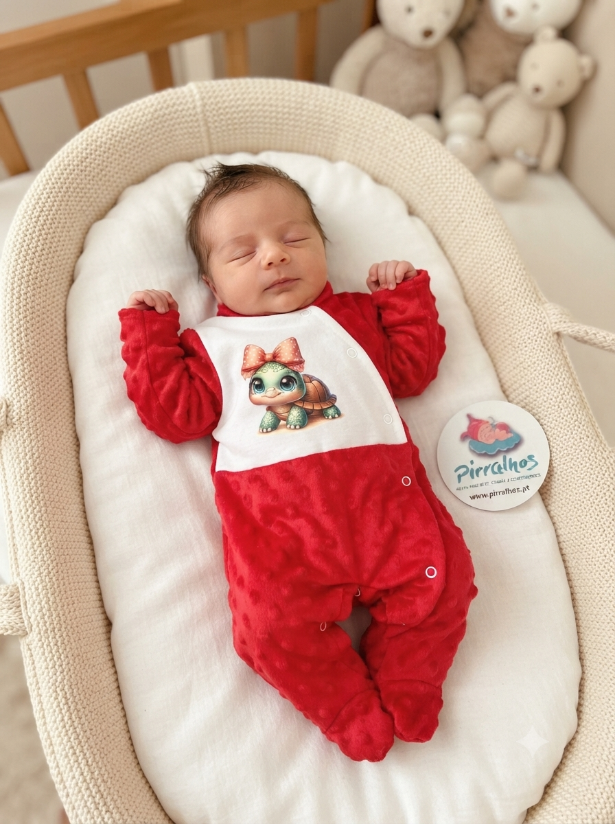 Bebé vestido com um macacão vermelho e branco com uma tartaruga estampada, deitado numa almofada branca dentro de uma cesta bege.
