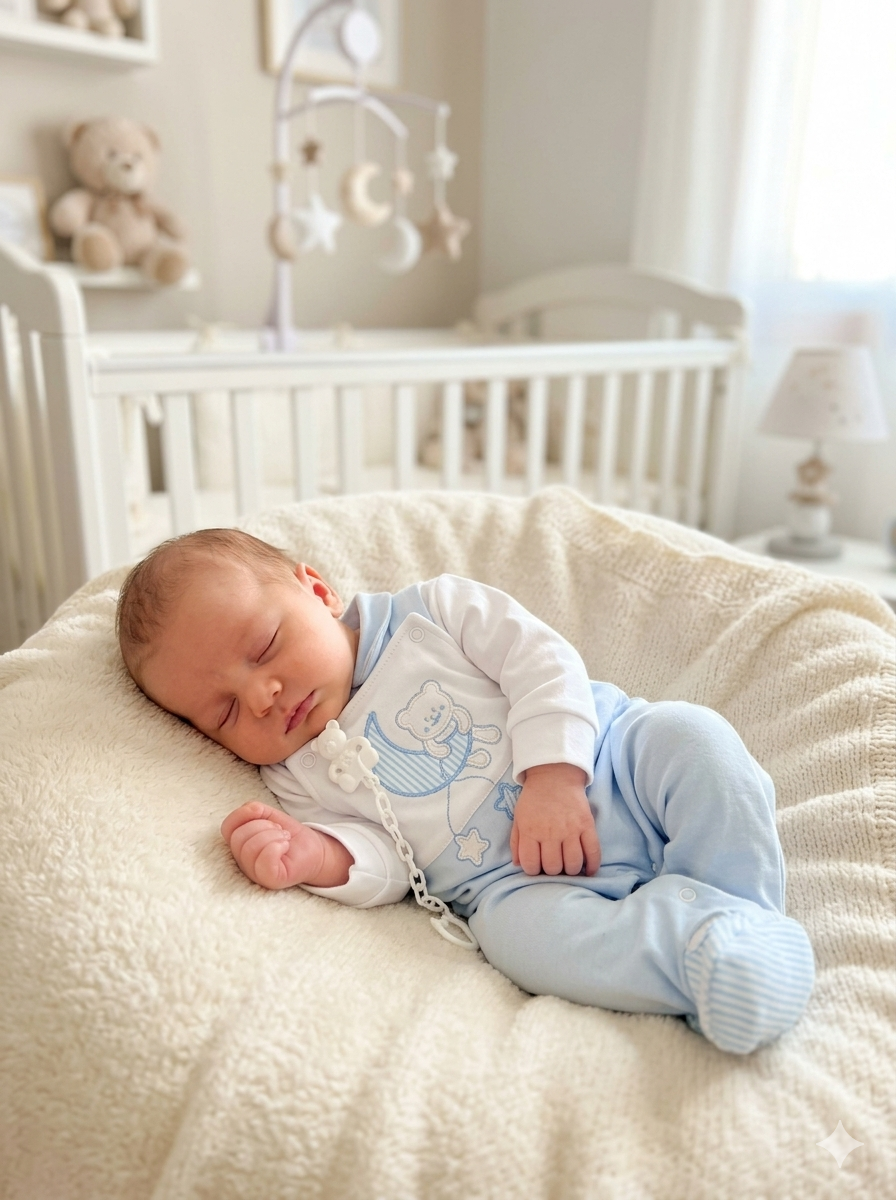 Bebé vestido de pijama azul claro e branco deitado sobre manta branca felpuda