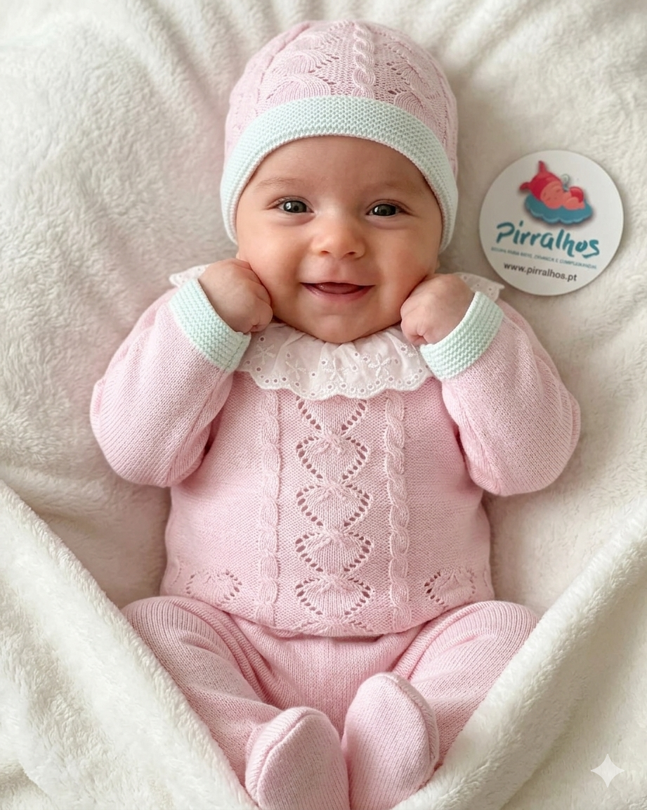 Bebé com conjunto em malha rosa com gola branca e gorro, sobre manta branca, com selo de marca Pirralhos.
