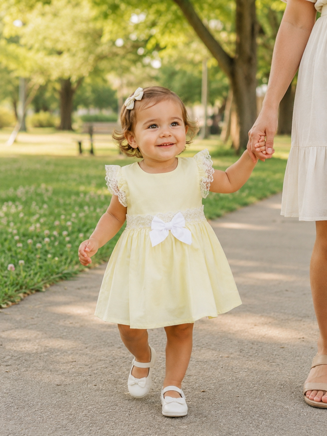 Criança com vestido amarelo claro e sapatos brancos a andar ao ar livre.