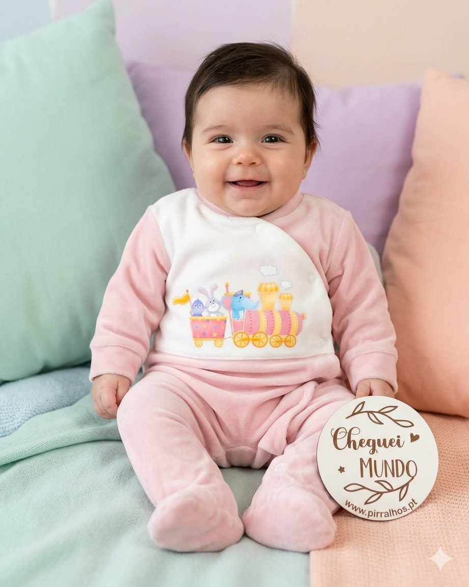 Bebé sorridente com pijama rosa e branco com estampa de comboio, sentado em almofadas coloridas segurando placa com texto.