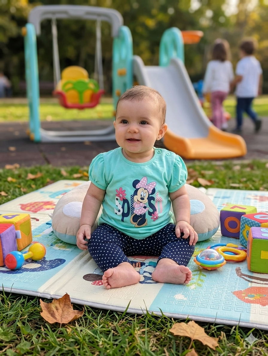 Bebé sentada em colchonete com brinquedos ao ar livre e parque infantil ao fundo.