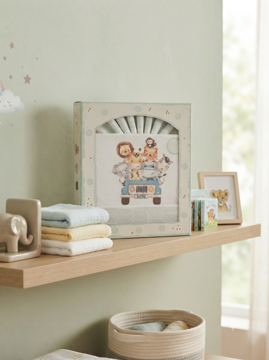 Prateleira com toalhas, roupa de bebê em caixa, livros infantis e quadro com imagem de leãozinho