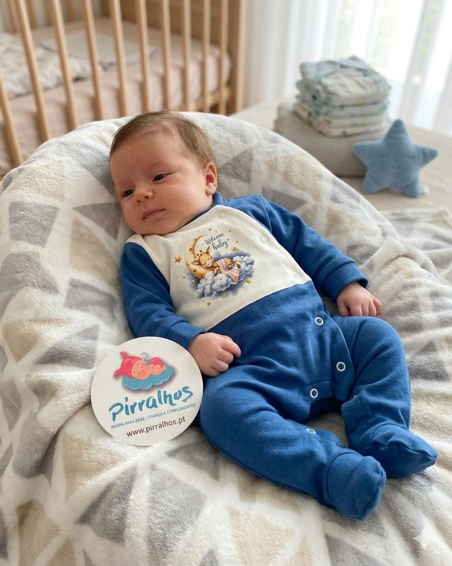 Bebé vestido de azul e branco com estampa, deitado num berço acolchoado cinza e bege com etiqueta da marca Pirralhos