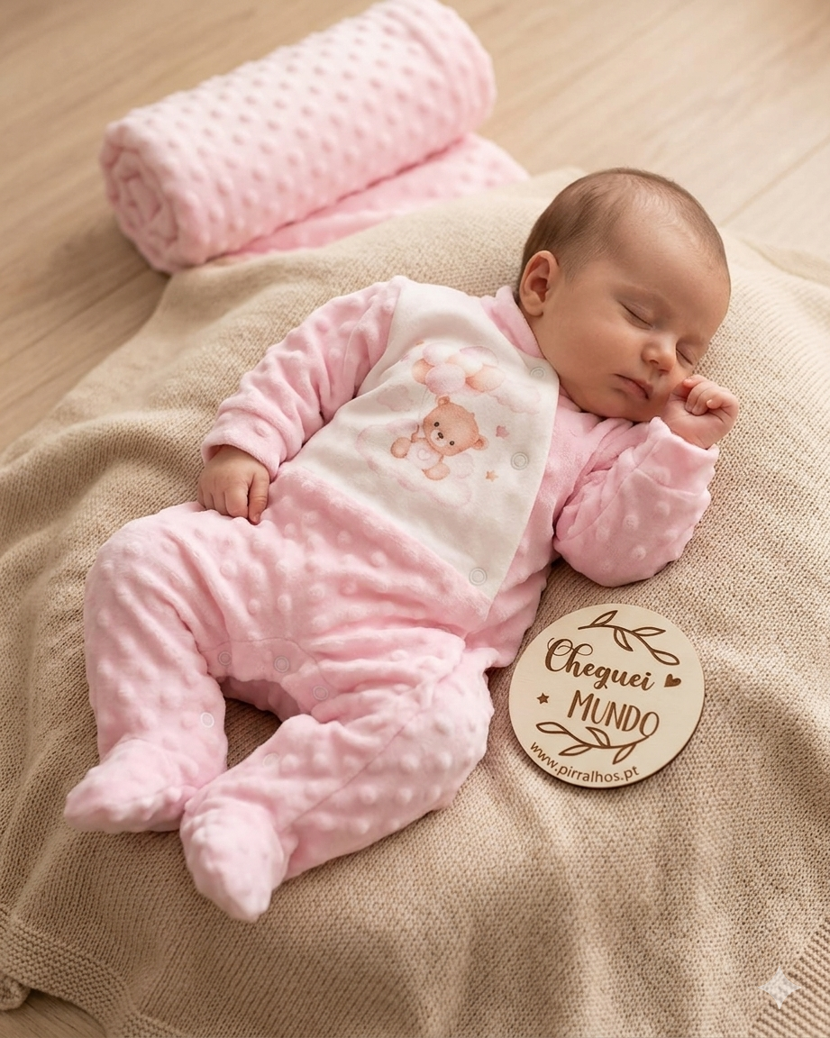 Bebé a dormir com macacão rosa e placa de madeira com texto Cheguei ao Mundo