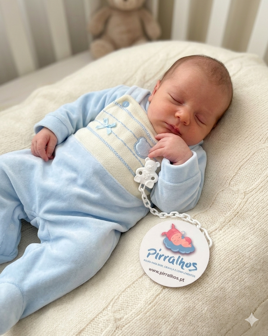 Bebé dormindo com pijama azul claro junto a etiqueta redonda com logotipo Pirralhos