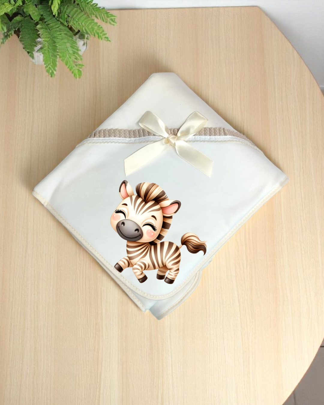 Manta branca com laço e estampa de zebra sobre mesa de madeira