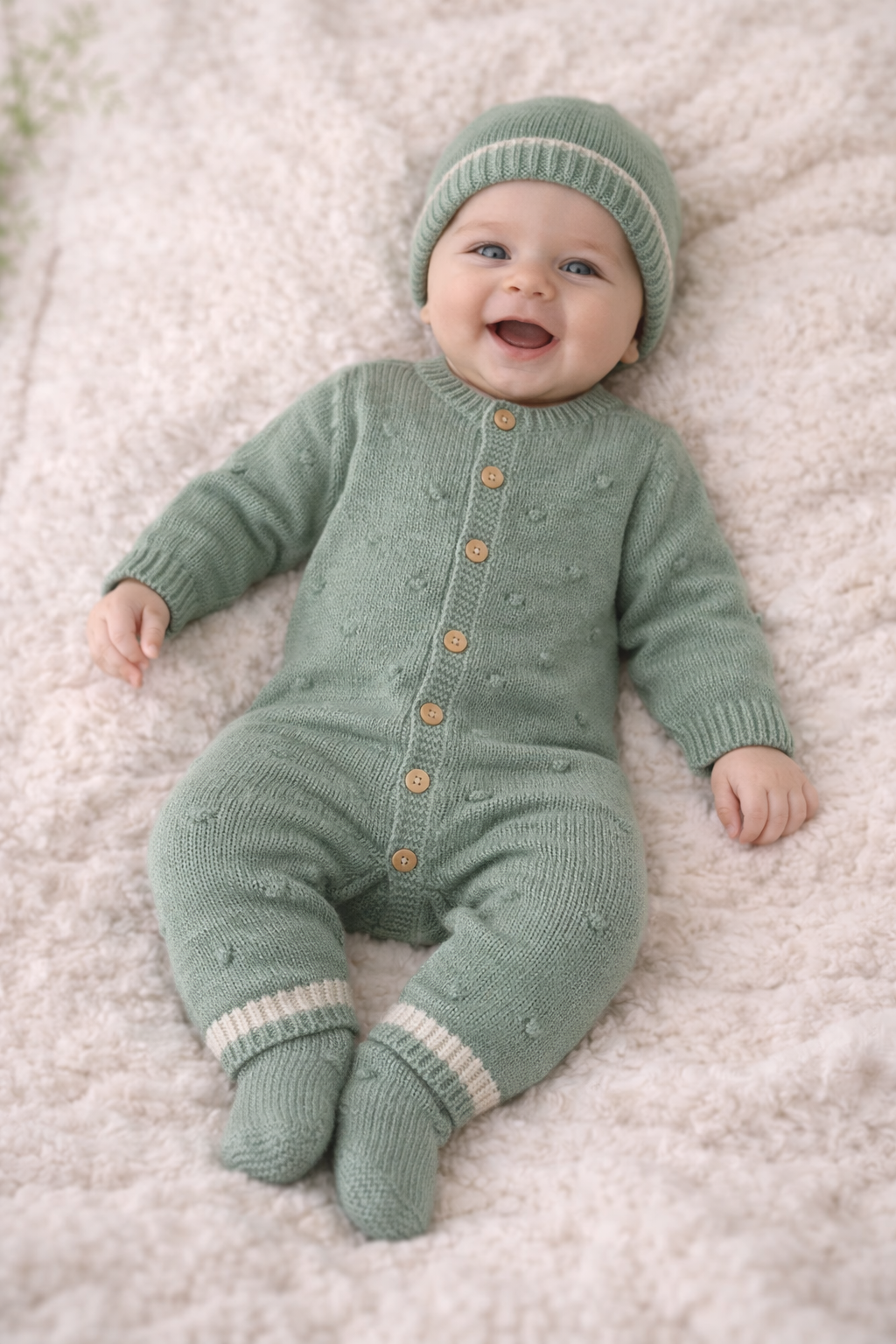 Bebé sorridente com fato verde claro de malha com botões e gorro, sobre manta branca felpuda.