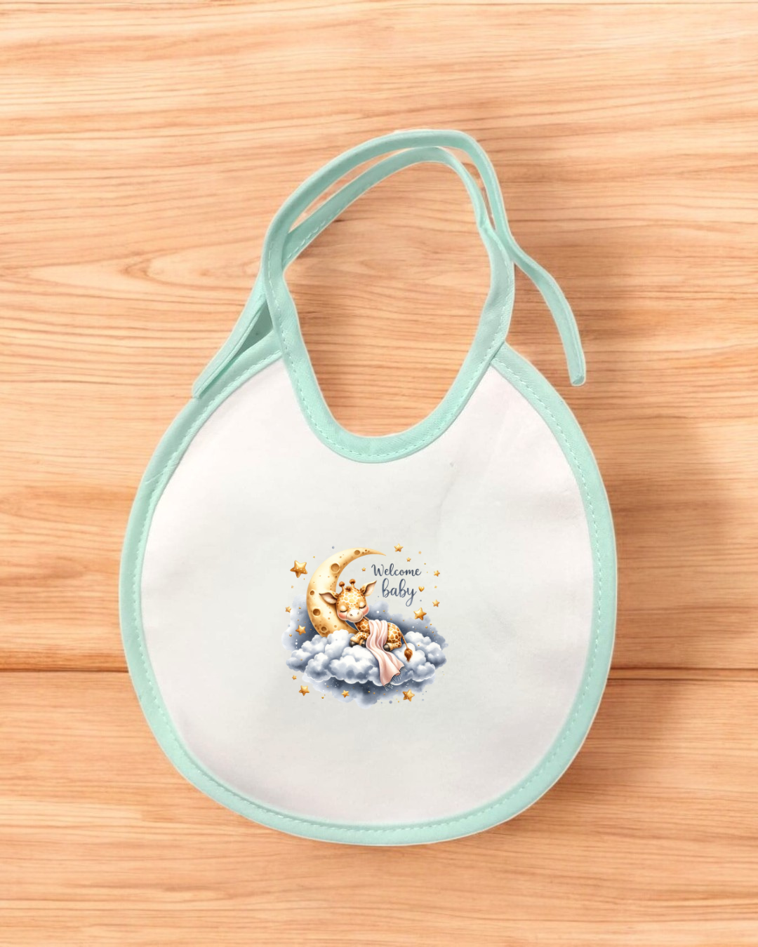 Babete de bebé branco com bordas azuis e estampa Welcome baby