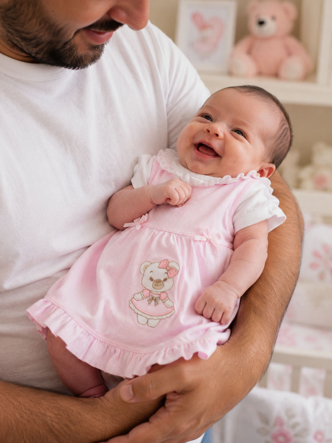 Bebé sorridente com vestido rosa e ursinho bordado, nas mãos de adulto com camiseta branca.