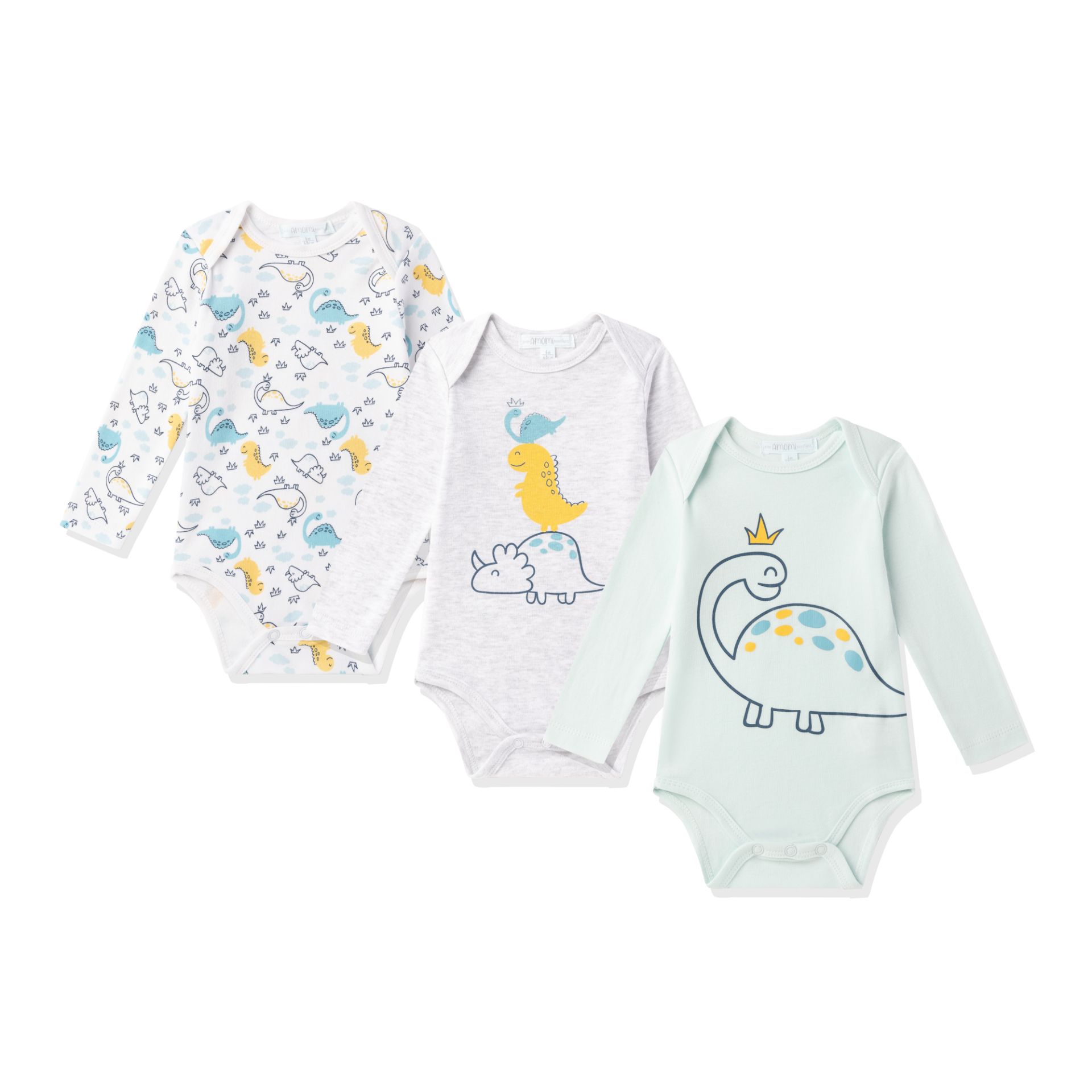Conjunto de três bodies de bebé com temas de dinossauros em diferentes padrões e cores