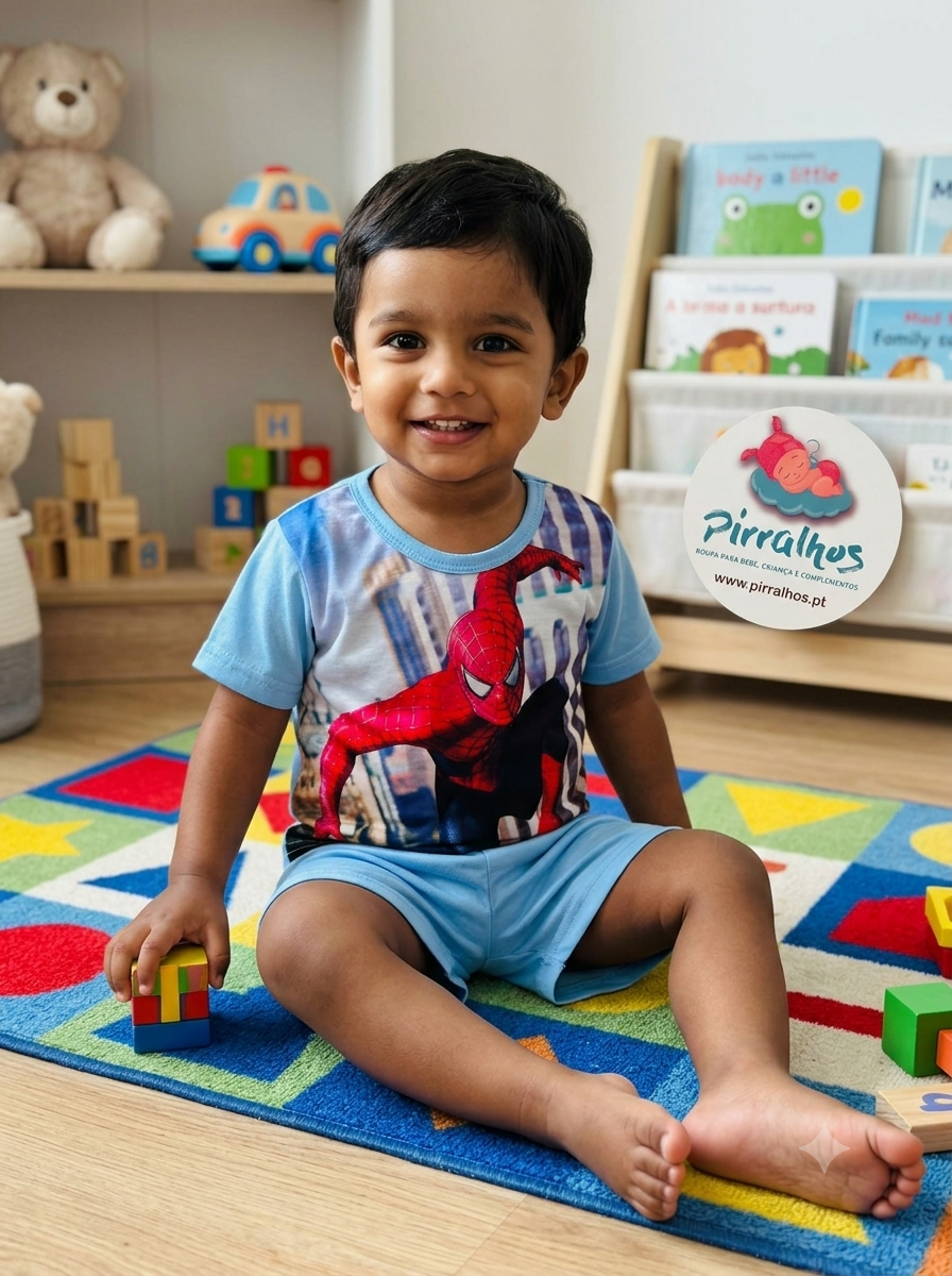 Criança sorridente vestindo camisola azul claro com Homem-Aranha, sentada num tapete colorido com blocos de madeira e brinquedos ao fundo.