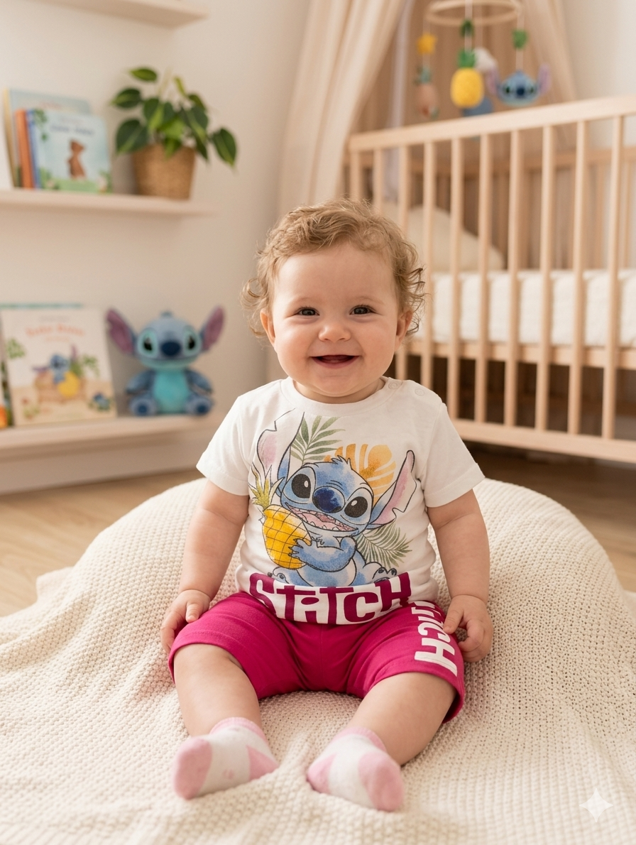 Bebé sorridente com roupa estampada de Stitch sentado em manta bege dentro de quarto com berço de madeira