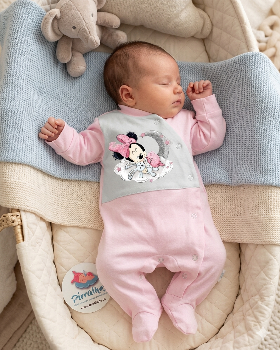 Bebé vestido com macacão cor-de-rosa com desenho da Minnie Mouse, a dormir num colchão acolchoado creme com manta cinza e brinquedo elefante de peluche