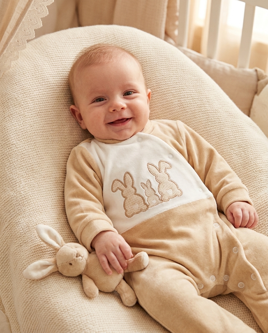 Bebé sorridente de macacão bege e branco com aplicação de coelhos, deitado numa almofada bege tricotada e segurando peluche coelho.