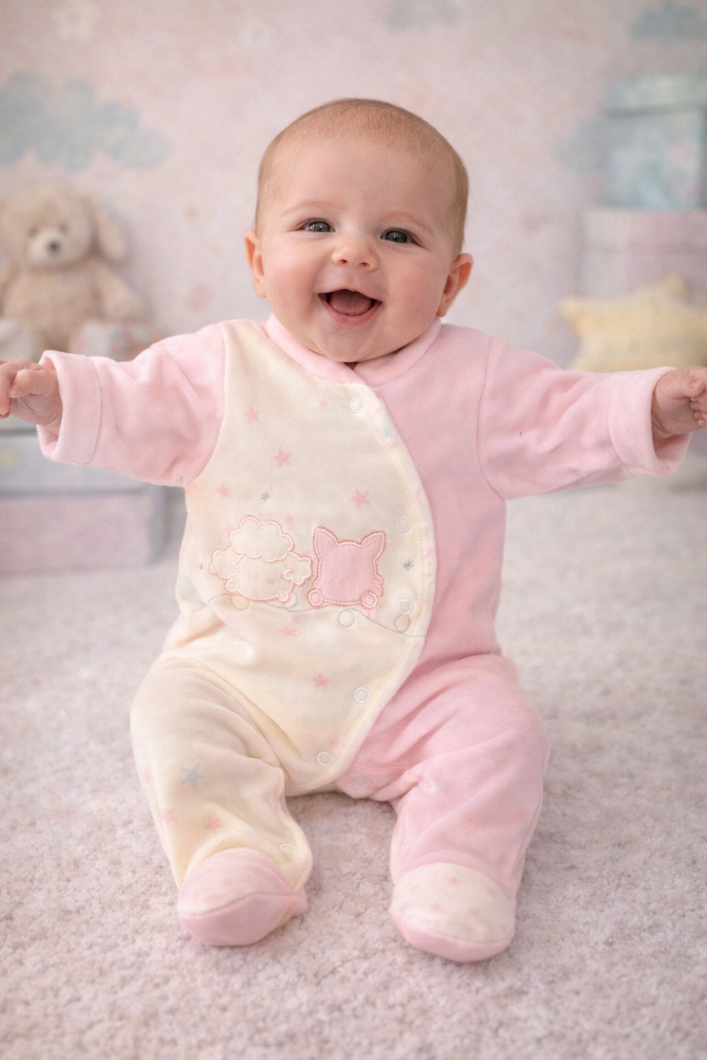 Bebé sorridente vestido com macacão rosa e creme sentado numa superfície felpuda clara