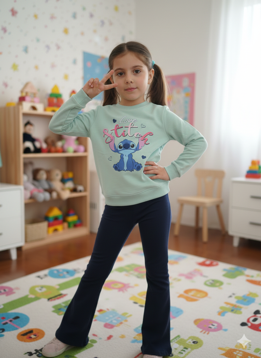 Menina com camisola Stitch azul e calças azuis em quarto infantil colorido