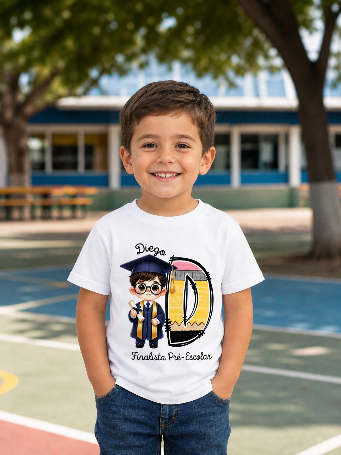 Camisola branca com estampa de menino finalista e texto personalizado Diego Finalista Pré-Escolar
