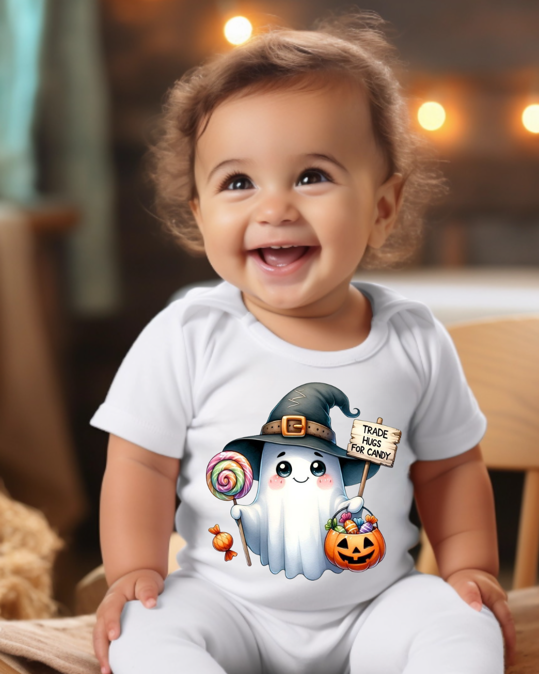 Bebé com body branco e estampa de fantasma cartoon com chapéu de bruxa e placa.