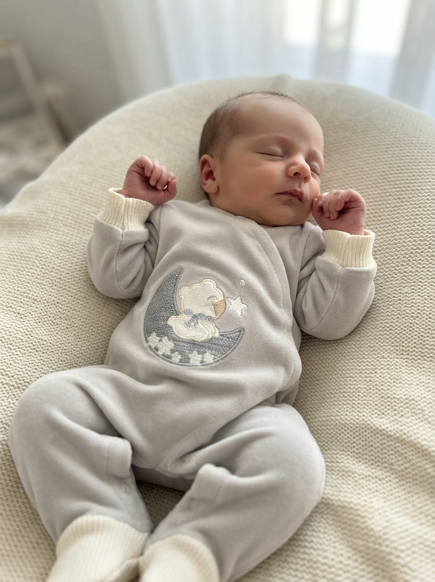 Bebé a dormir com pijama cinzento claro e bordado de urso na lua sobre almofada bege
