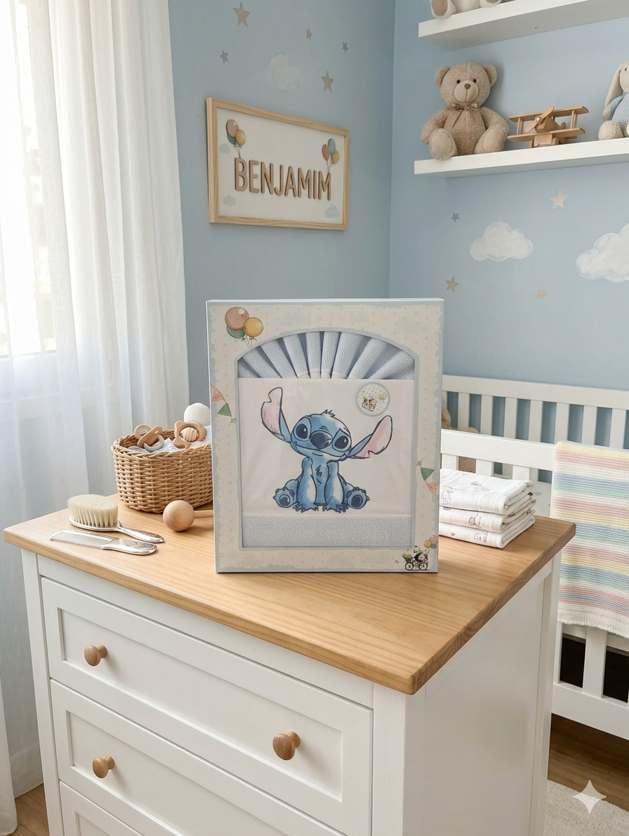 Conjunto de tecido com estampa Stitch em quarto de bebé com parede azul, quadro BENJAMIM, móvel branco e objetos de bebé.