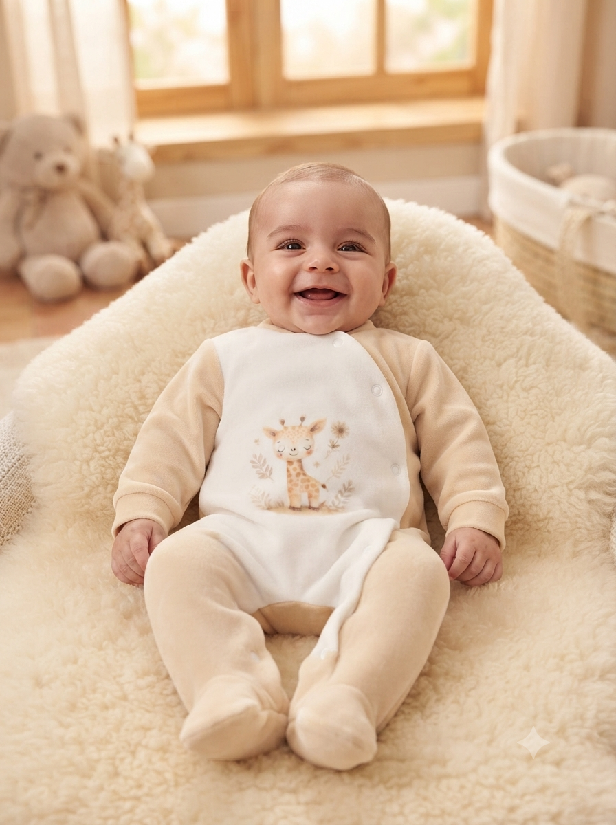 Bebé sorridente de pijama bege e branco com desenho de girafa sentado em almofada macia