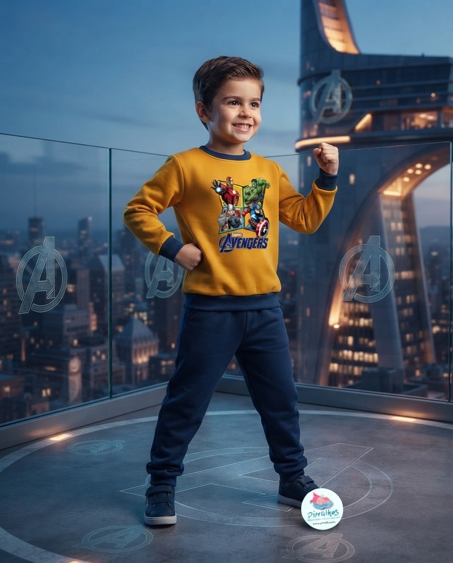 Criança com camisola amarela Marvel Avengers e calças azuis numa varanda com vista para edifício Avengers à noite