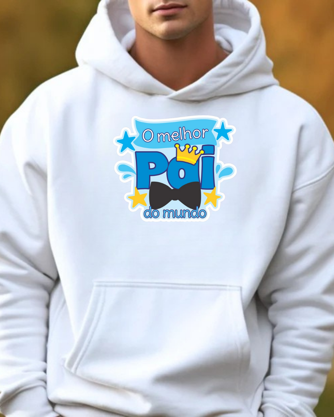 Sweatshirt branca com capuz e bolso frontal com estampa colorida 'O melhor PAI do mundo'