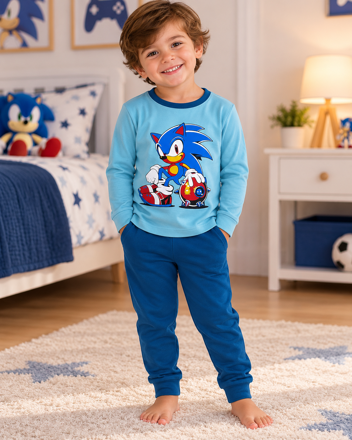 Pijama infantil azul com personagem Sonic e calças azuis escuras, em quarto com decoração favorita.