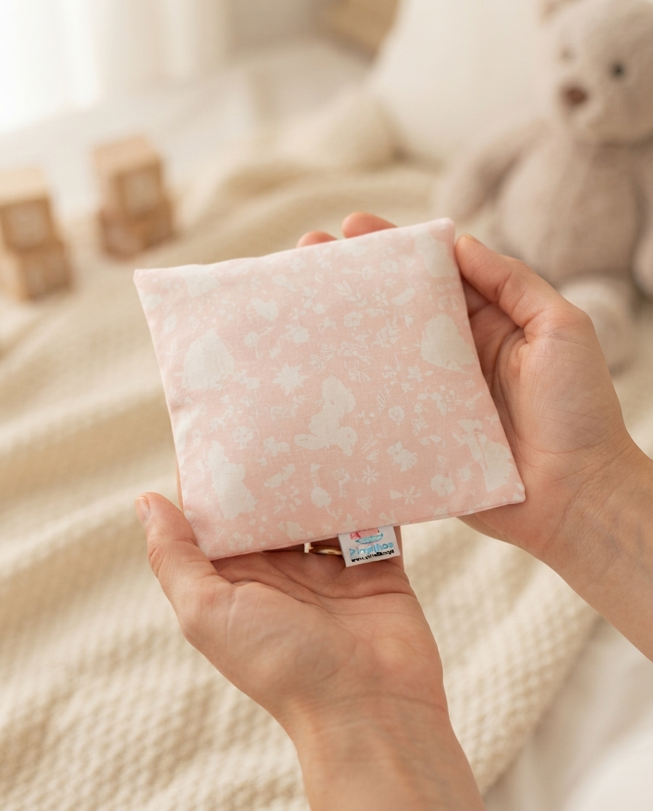 Almofada pequena rosa com padrão branco e fundo com manta, cubos de madeira e ursinho peluche