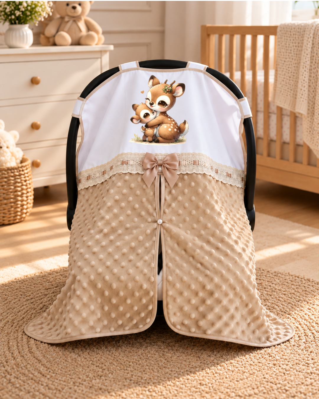 Capa para cadeirinha de bebé com veados animados, textura bolinhas e laço bege