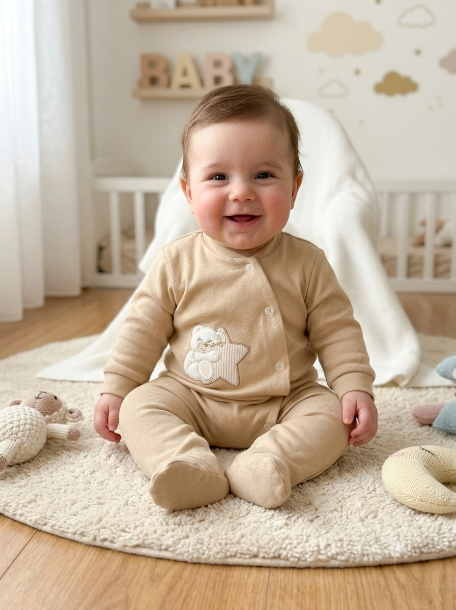 Bebé sorridente vestido com macacão bege sentado num tapete creme