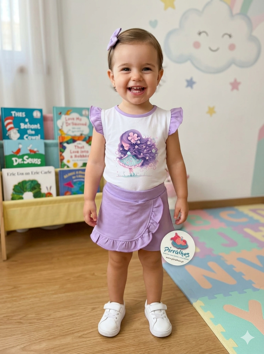 Criança sorridente vestindo roupa branca e roxa com estampa, sapatos brancos e laço lilás no cabelo em quarto infantil colorido.