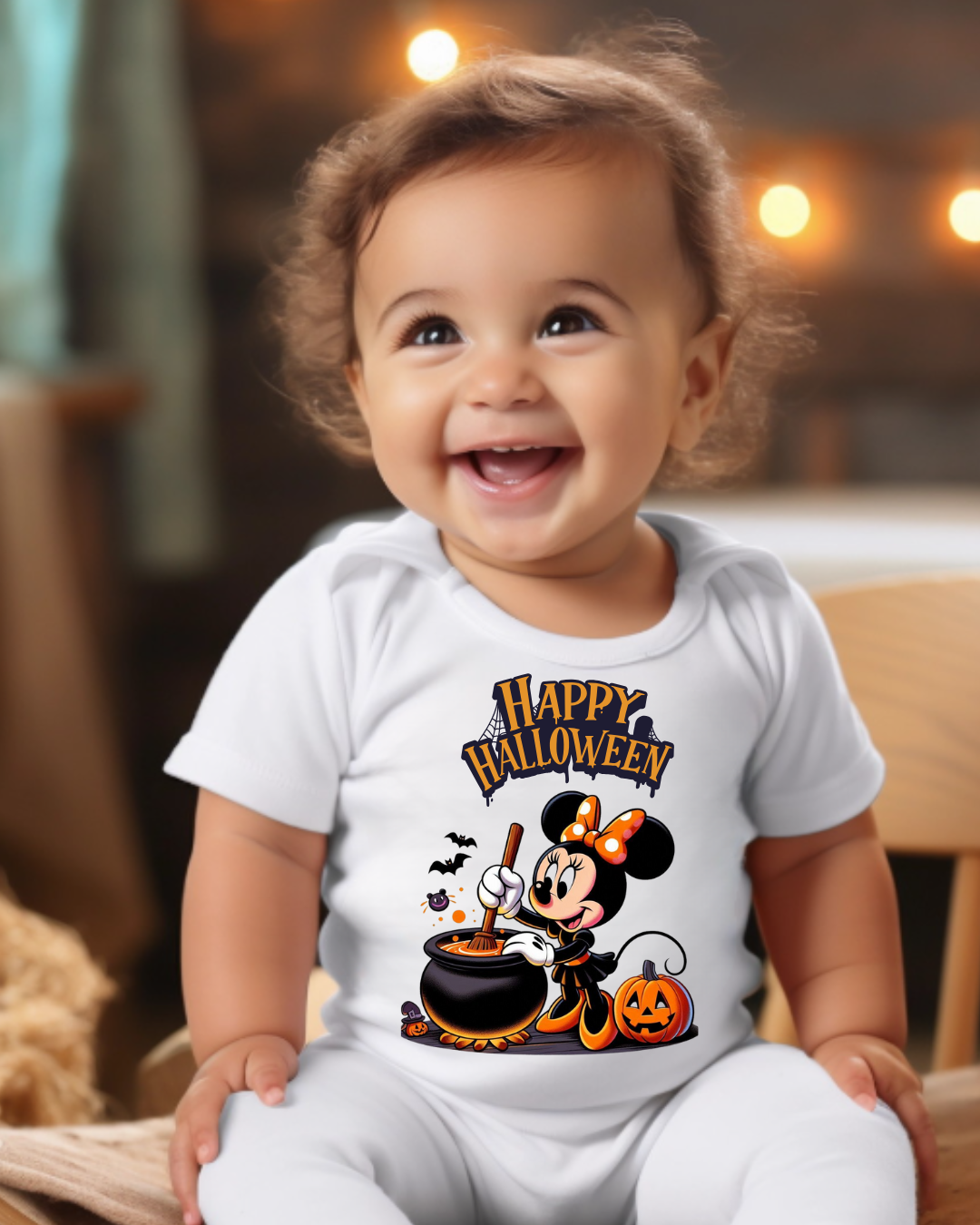 Bebé com body branco estampado de Halloween com Minnie Mouse mexendo caldeirão