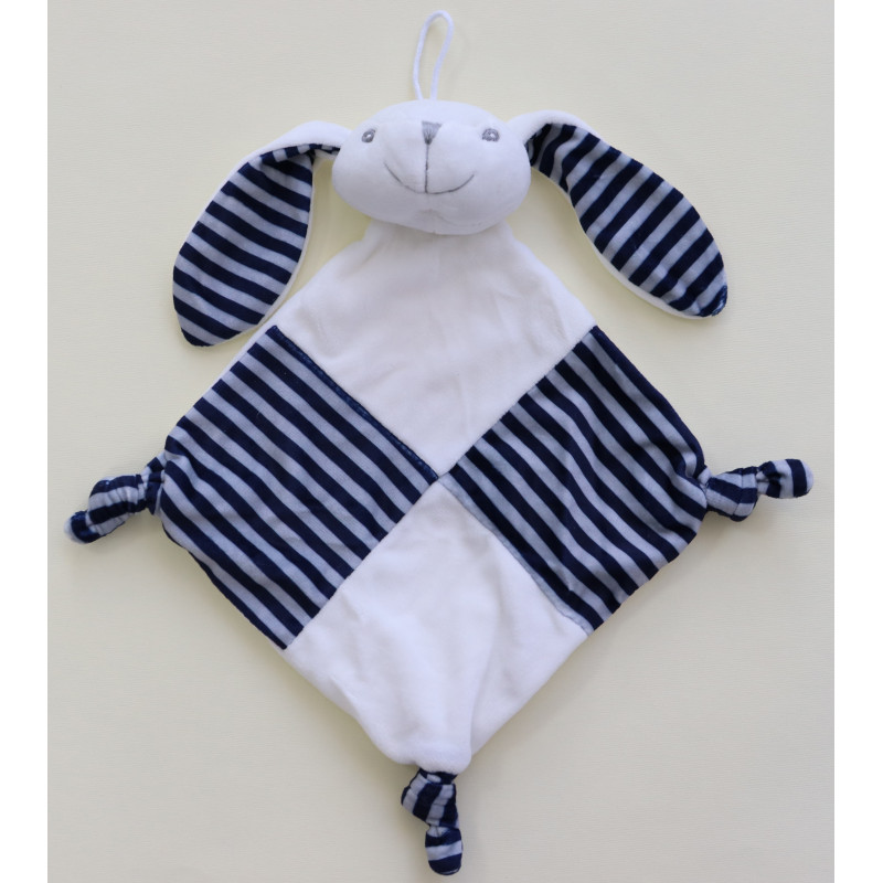 Manta de peluche para bebé com forma de coelho e padrões de riscas azuis e brancas