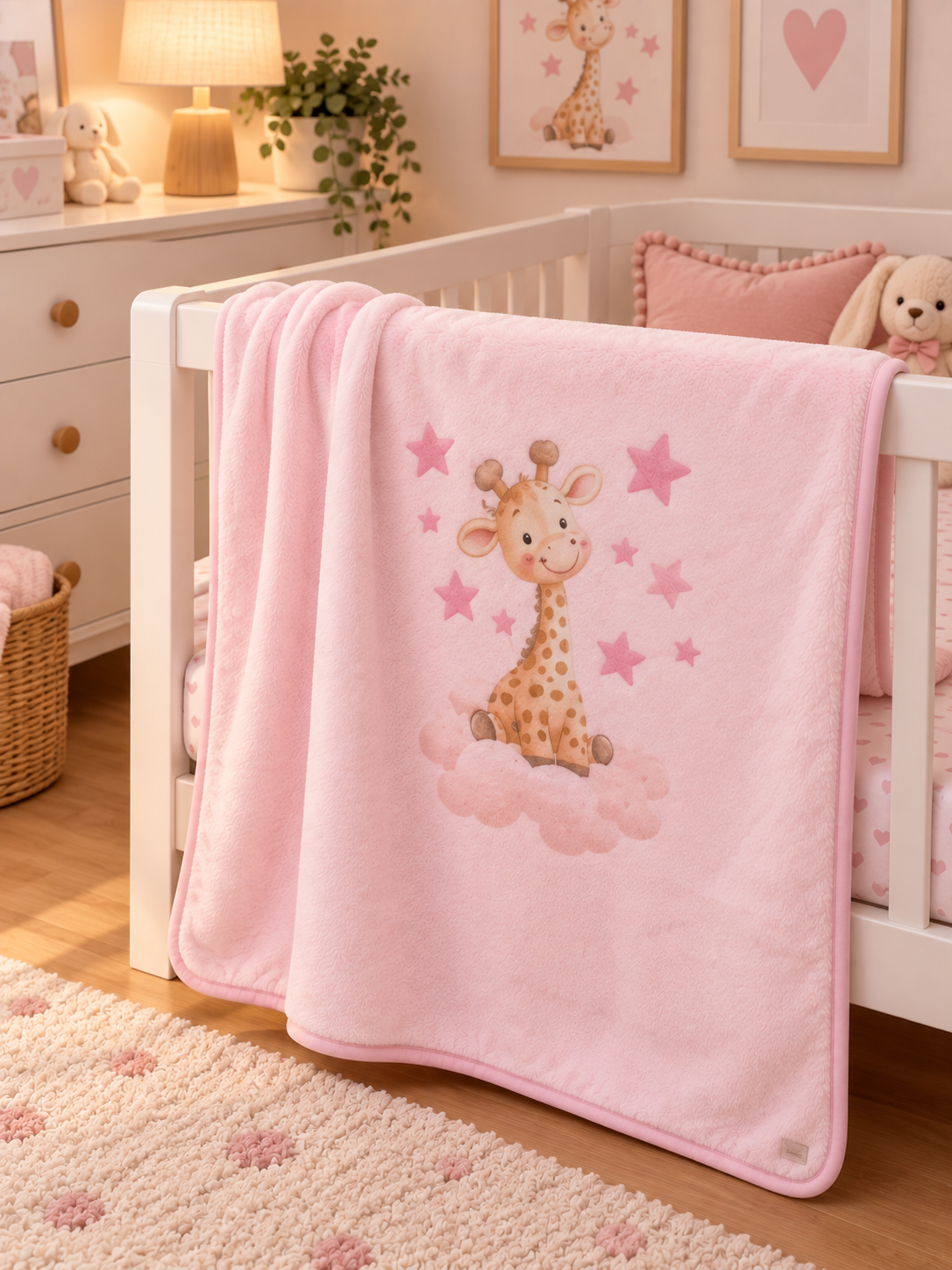 Cobertor rosa de bebé com girafa e estrelas no berço branco