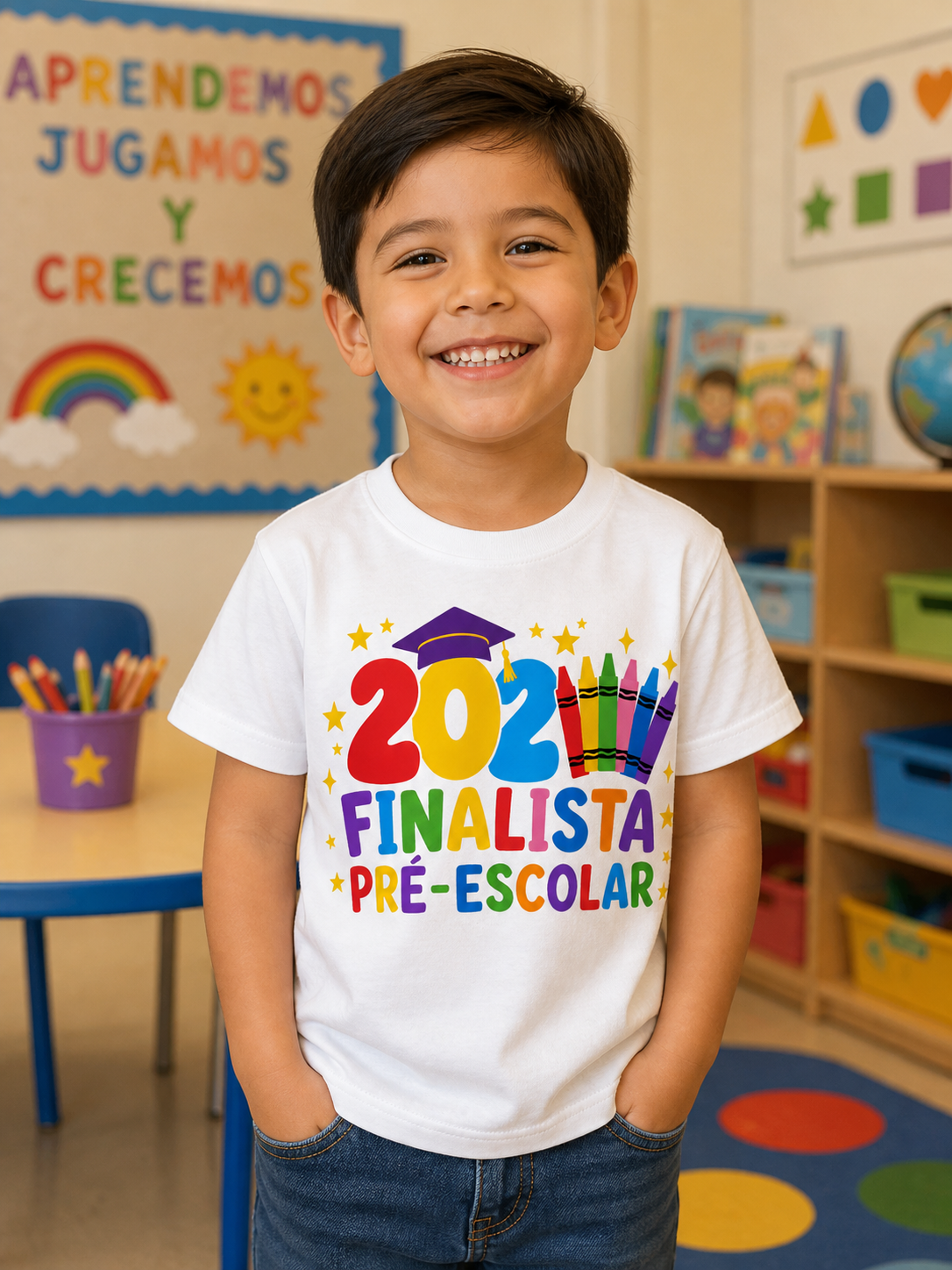 Camisola branca colorida com texto 2022 FINALISTA PRÉ-ESCOLAR usada por criança sorridente em sala de aula