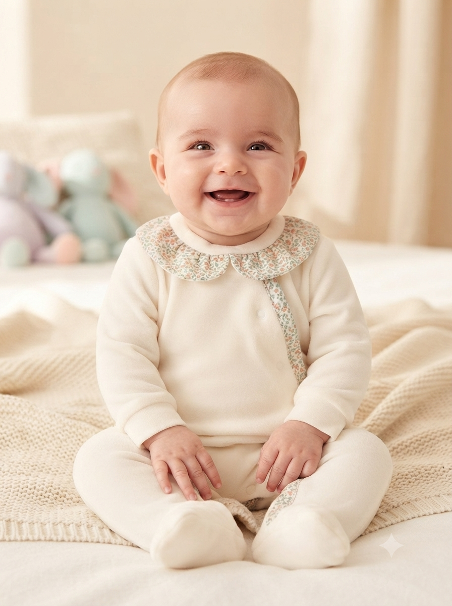 Bebé sorridente com macacão creme e gola floral sentado numa cama clara