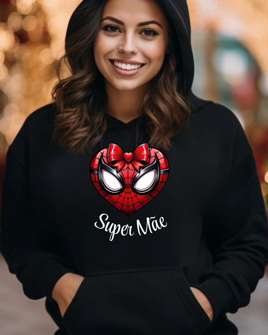 Sweatshirt preta com capuz e estampa Homem-Aranha coração com texto Super Mãe
